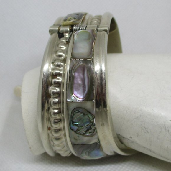 Wide ABALONE MEXICAN SILVER Bracelet Mexican Silver Abalone Swirl Clamper Cuff - Picture 7 of 14